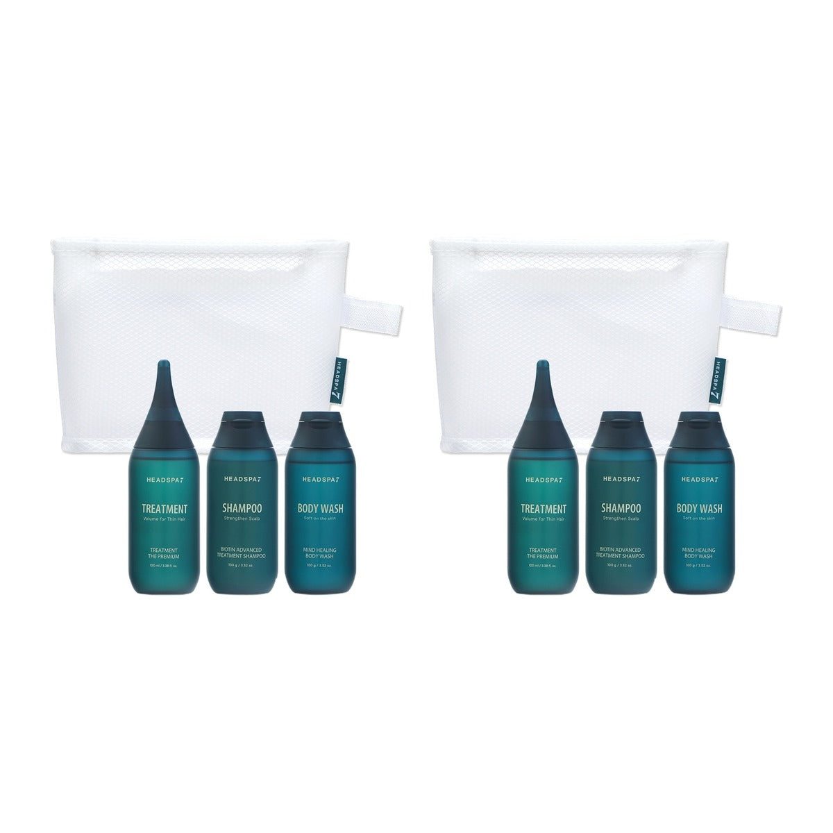 HEADSPA 7 Travel Shower Kit with shampoo, treatment, body wash and mesh pouch – 2 pack