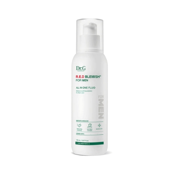 A bottle of Dr. G Red Blemish for Men All In One Fluid, 150ml, with a white background and red and green text on the label.
