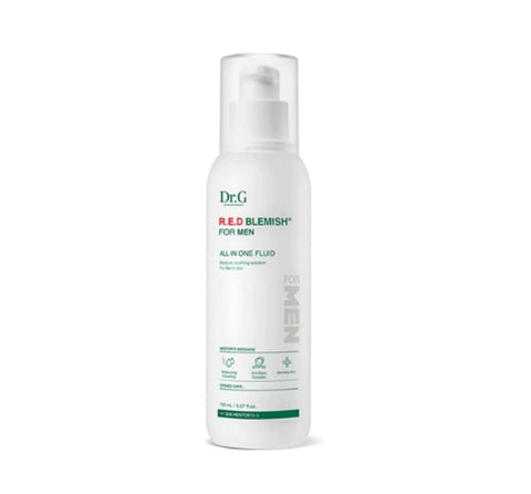 A bottle of Dr. G Red Blemish for Men All In One Fluid, 150ml, with a white background and red and green text on the label.