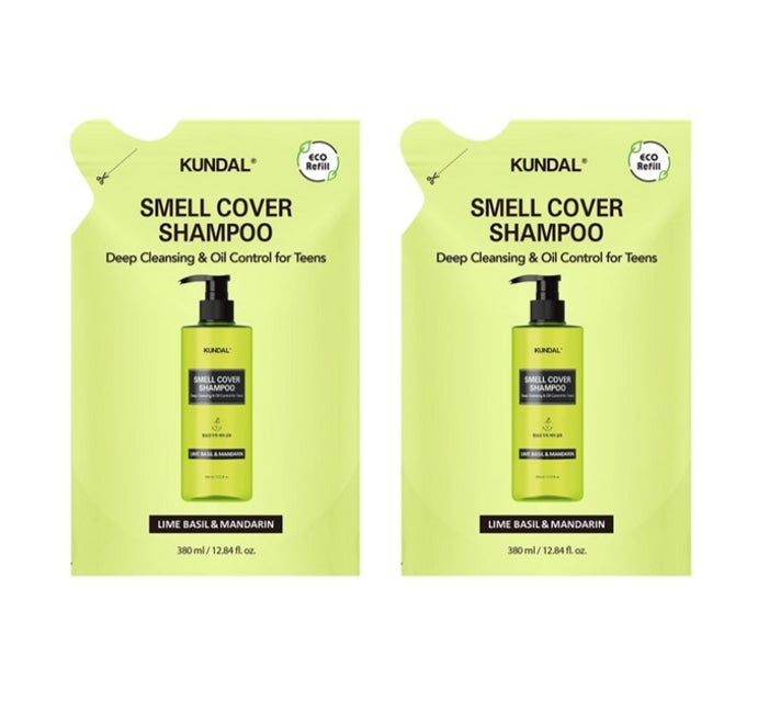2 x KUNDAL All-Day Smell Cover Teen Scalp Shampoo Refill Lime Basil & Mandarin 380ml