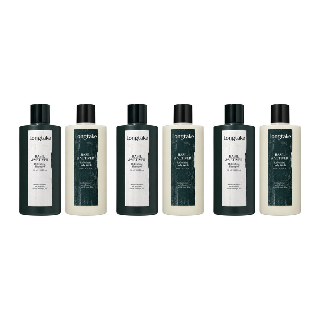 Longtake Basil & Vetiver Hair & Body Shower Gift Set with Shampoo 300ml and Body Wash 300ml – 3 pack