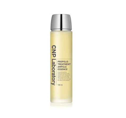 A yellow ampoule bottle with a silver cap labeled 'CNP Laboratory PROPOLIS TREATMENT AMPULE ESSENCE 150ml'.