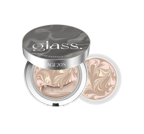 Compact glass skin essence pact by AGE 20's, showing the main and refill pan with cream product inside, available in two shades.