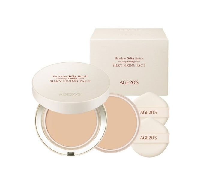 The image shows a compact foundation pact from AGE 20's, including a main container, a refill container, and two puffs. The pact offers SPF 50+ and PA++++ protection.