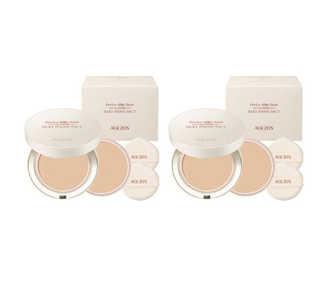 Two sets of cosmetic products with compact cases and round containers on a white background