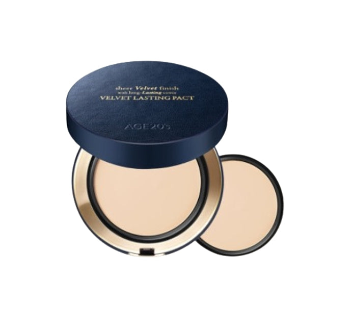 A compact powder foundation product from AGE 20's with a velvet texture, available in different skin tones and shades.