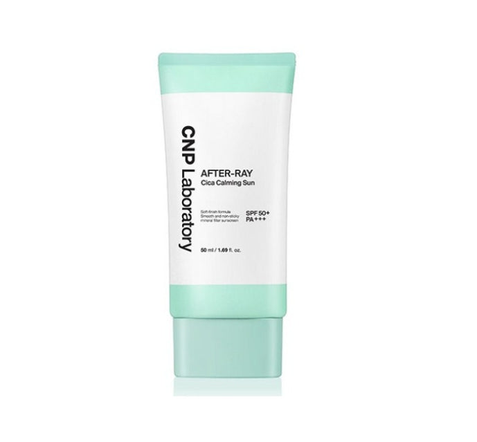 A tube of CNP Laboratory After-Ray Cica Calming Sun 50ml SPF50+ PA+++ sunscreen lotion with a green cap and white packaging.
