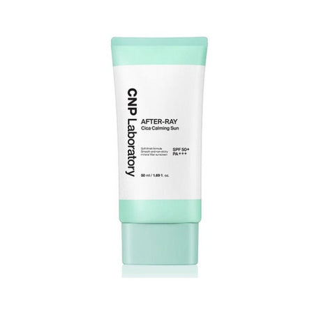 A tube of CNP Laboratory After-Ray Cica Calming Sun 50ml SPF50+ PA+++ sunscreen lotion with a green cap and white packaging.