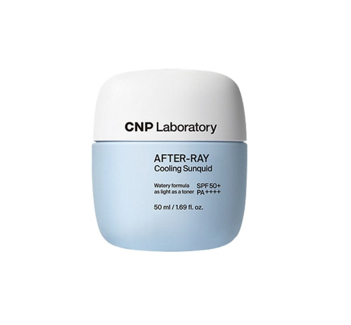 A bottle of CNP Laboratory After-Ray Cooling Sunquid, with a label indicating SPF 50+ PA++++ protection, 50ml volume, and a 'cooling' feature.