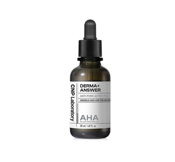 A bottle of CNP Laboratory Derma+ Answer Anti-Pore Active Peel with a dropper, 50ml volume indicated, labeled with AHA and Mandelic Acid.