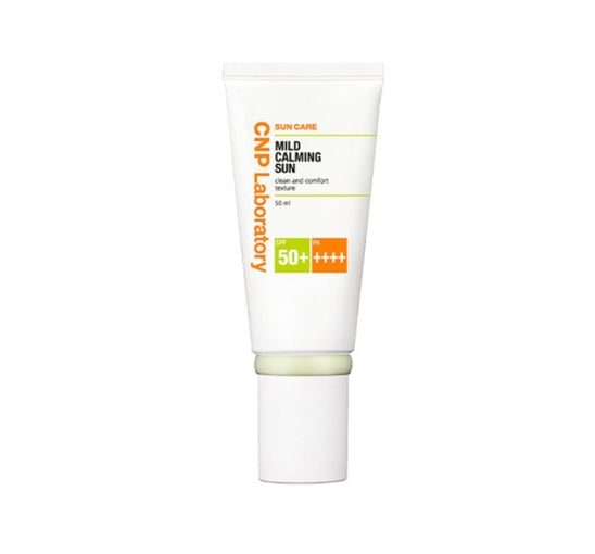 Sunscreen tube labeled 'CNP Laboratory Mild Calming Sun' on a white background