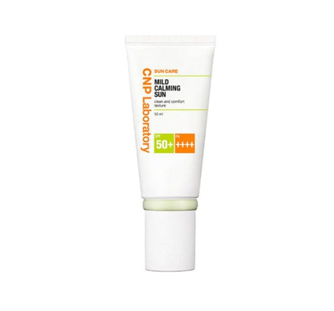 Sunscreen tube labeled 'CNP Laboratory Mild Calming Sun' on a white background