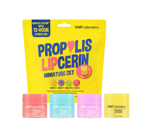 CNP Laboratory Propolis Lipcerin miniature set with colorful packaging on a white background