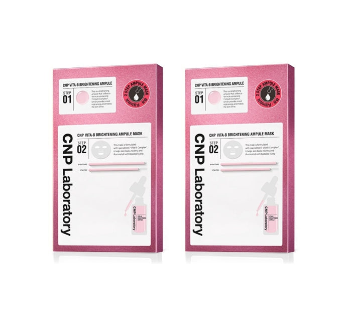 Two pink and white boxes labeled 'CNP Laboratory Vita-B Brightening Ampule Mask' with text and branding details.