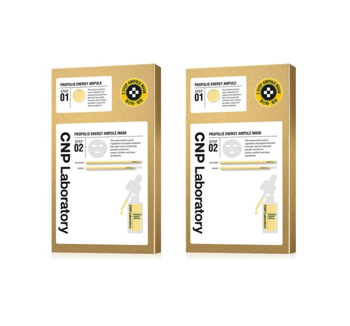 Two boxes of CNP Laboratory Propolis Energy Active Ampule Mask, each containing five masks, with packaging in Korean and English.