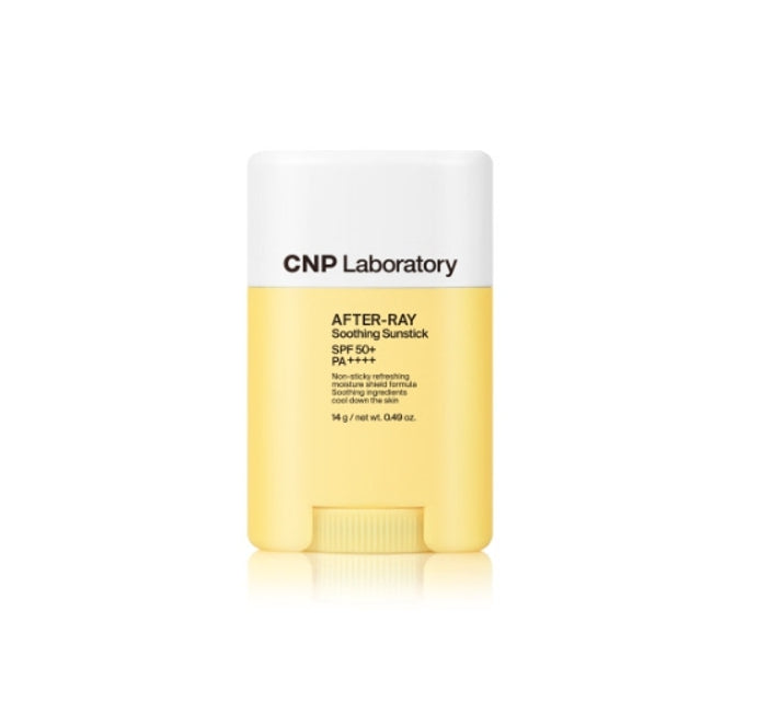 A yellow stick of CNP Laboratory AFTER-RAY Soothing Sun Stick with a label that includes the brand name and product details. The packaging indicates it's a product from Korea.