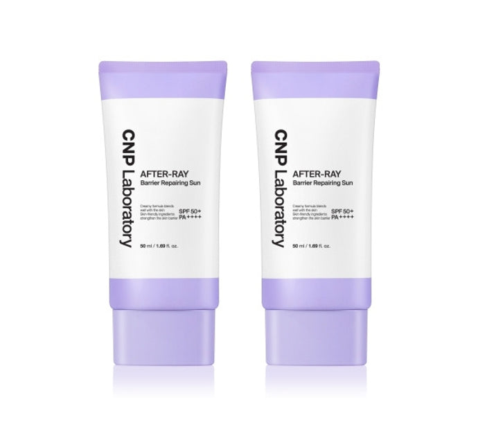 Two tubes of CNP Laboratory After-Ray Barrier Repairing Sun 50ml each, with SPF50+ PA++++ rating, in a purple and white packaging.