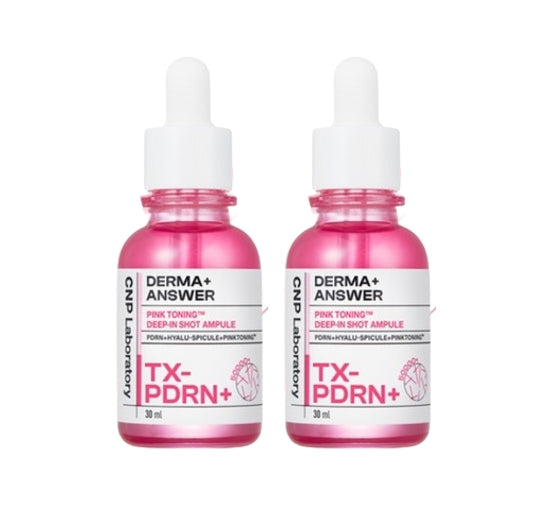 Two bottles of Derma+ Answer TX-PDRN+ Pink Toning Deep-In Shot Ampoule on a white background
