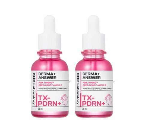 Two bottles of Derma+ Answer TX-PDRN+ Pink Toning Deep-In Shot Ampoule on a white background