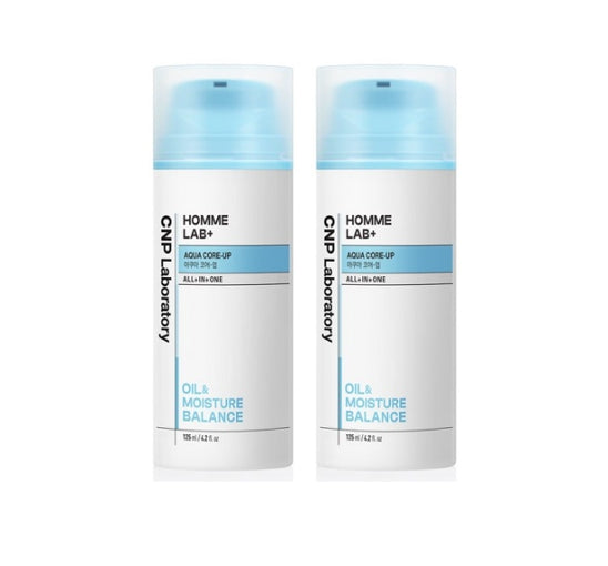 Two bottles of Homme Lab+ skincare product on a white background