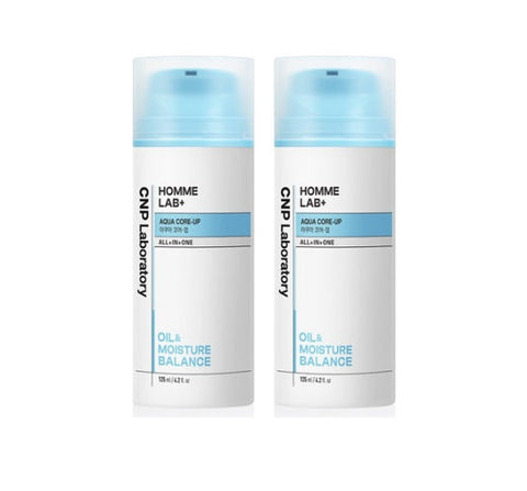 Two bottles of Homme Lab+ skincare product on a white background