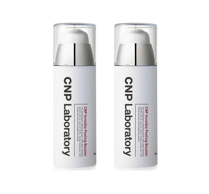 Two bottles of CNP Laboratory Invisible Peeling Booster Essence with white and silver labels, 100ml each.