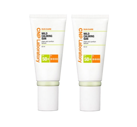 Two bottles of CNP Laboratory Mild Calming Sun cream on a white background