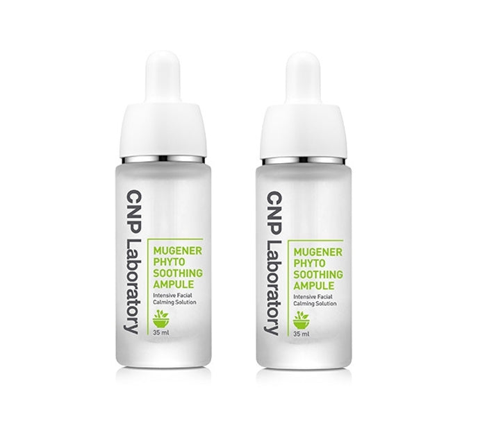 Two bottles of CNP Laboratory Mugener Calming Ampule, each with a white label featuring green text, in a 35ml size, presented against a clean background.