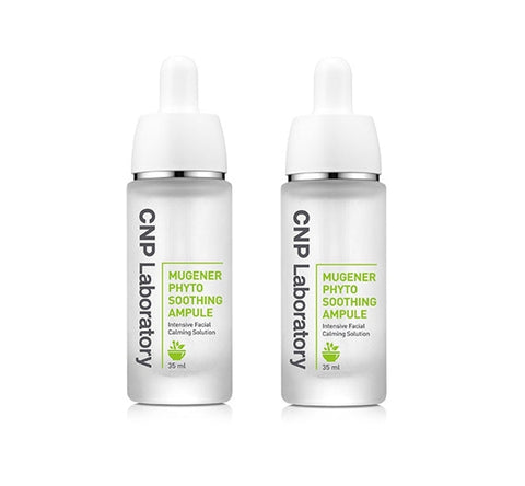 Two bottles of CNP Laboratory Mugener Calming Ampule, each with a white label featuring green text, in a 35ml size, presented against a clean background.