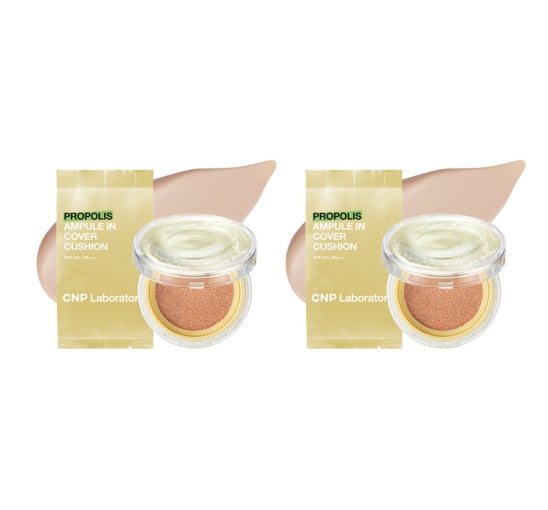 Two Propolis cushion compacts with CNP Laboratorios packaging on a white background
