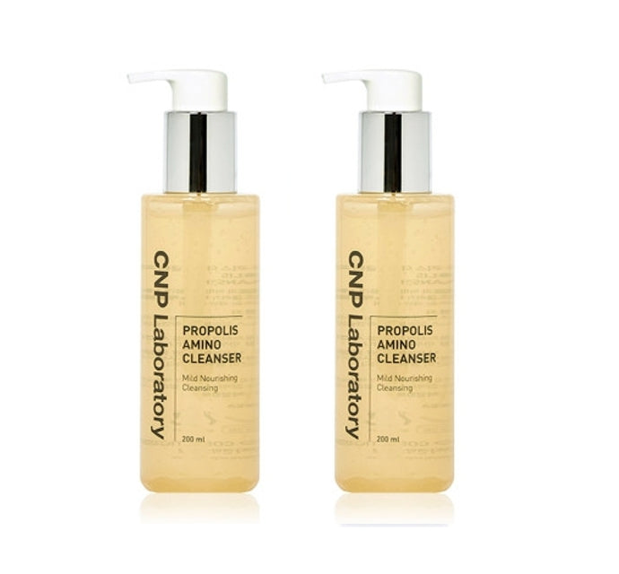 Two bottles of CNP Laboratory Propolis Amino Cleanser with pumps, 200ml each, labeled in Korean and English.