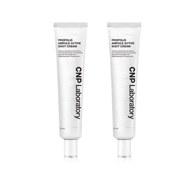 Two tubes of CNP Laboratory Propolis Ampule Active Shot Cream, 75ml each, packaged in white sachets with black text.