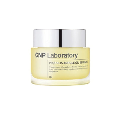 A jar of CNP Laboratory Propolis Ampule Oil in Cream, 50g size, with a label that includes the product name and description.