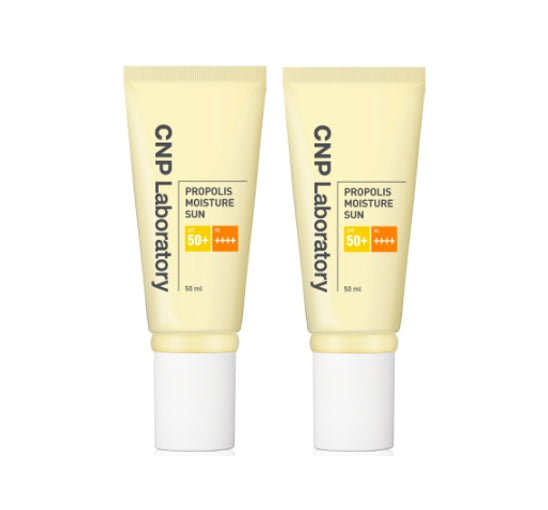 Two tubes of CNP Laboratory Propolis Moisture Sun cream on a white background