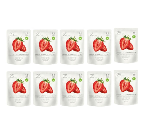 Multiple packages of fresh strawberries with visible brand logo on a white background