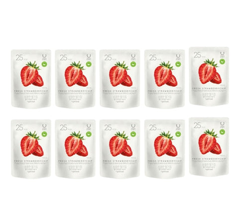 Multiple packages of fresh strawberries with visible brand logo on a white background