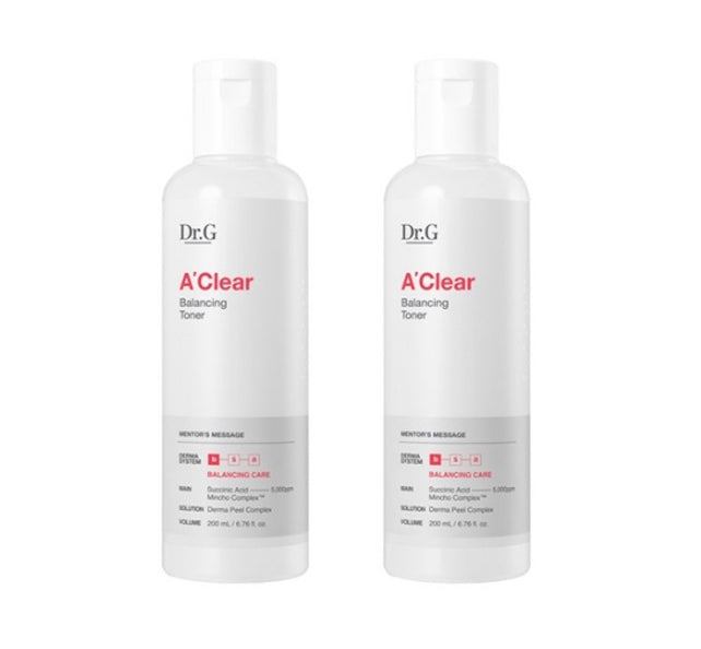 Two bottles of Dr.G A-Clear Balancing Toner, each with a capacity of 200ml, packaged in a white and gray box with red and black text.