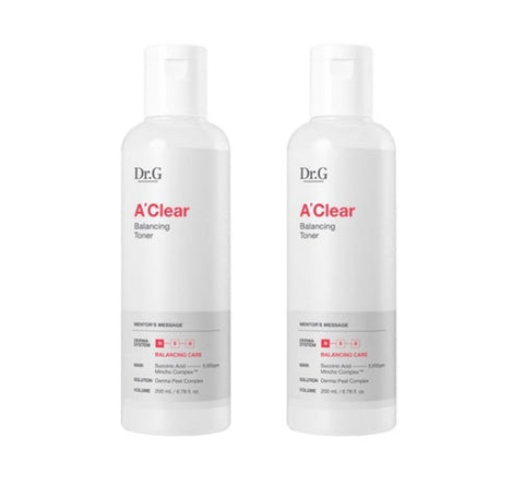 Two bottles of Dr.G A-Clear Balancing Toner, each with a capacity of 200ml, packaged in a white and gray box with red and black text.