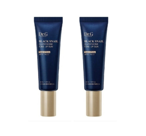 Two tubes of Dr.G Black Snail Glutathione Tone Up Sunscreen, each labeled with SPF50+ / PA++++, against a white background.