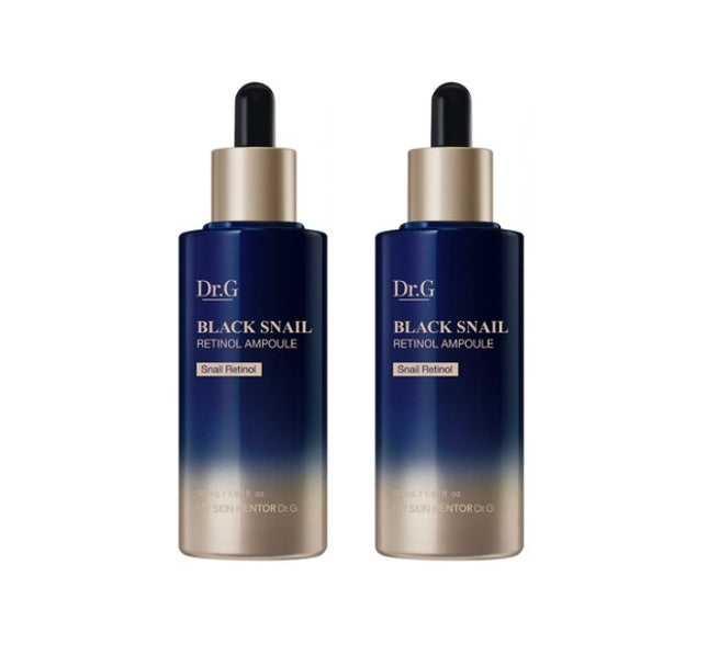 Two bottles of Dr.G Black Snail Retinol Ampoule, each labeled with the brand name and the words 'Black Snail', containing 50ml of product.