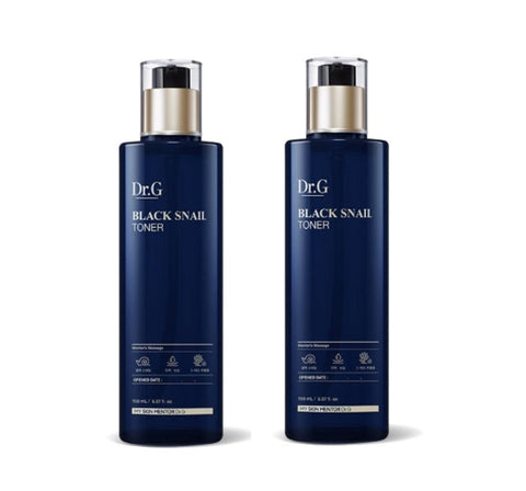 Two bottles of Dr.G Black Snail Toner, each with a capacity of 150ml, packaged in a cardboard box.