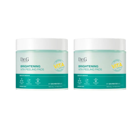 Two containers of Dr.G Brightening Vita Peeling Pad, with packaging that emphasizes skin brightening and even toning.