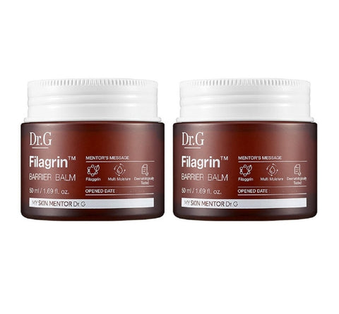 Two jars of Dr.G Filagrin Barrier Balm, each labeled with the brand name and product name, indicating a skin care product designed to hydrate and protect the skin.