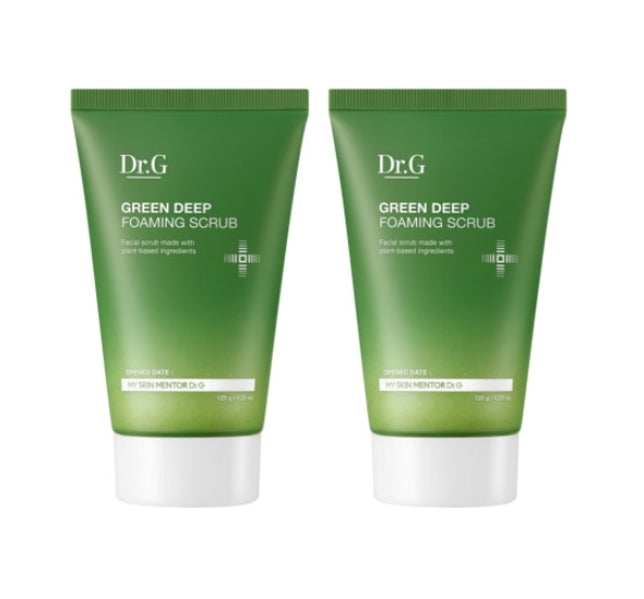 Two tubes of Dr.G Green Deep Foaming Scrub, 120g each, in green packaging.