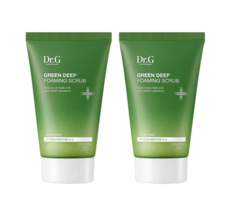 Two tubes of Dr.G Green Deep Foaming Scrub, 120g each, in green packaging.