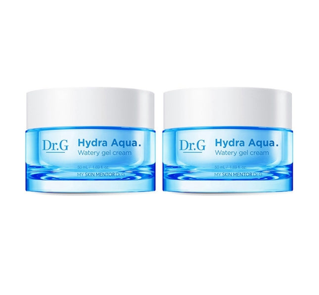 Two jars of Dr. G Hydra Aqua Watery Gel Cream, 50ml each, with blue-colored labels and white containers.