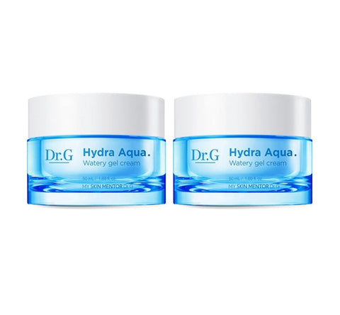 Two jars of Dr. G Hydra Aqua Watery Gel Cream, 50ml each, with blue-colored labels and white containers.