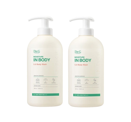 Two bottles of Dr.G Moisture In Body 5.0 Body Wash on a white background