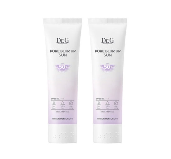 Two tubes of Dr.G Pore Blur Up Sun cream on a white background
