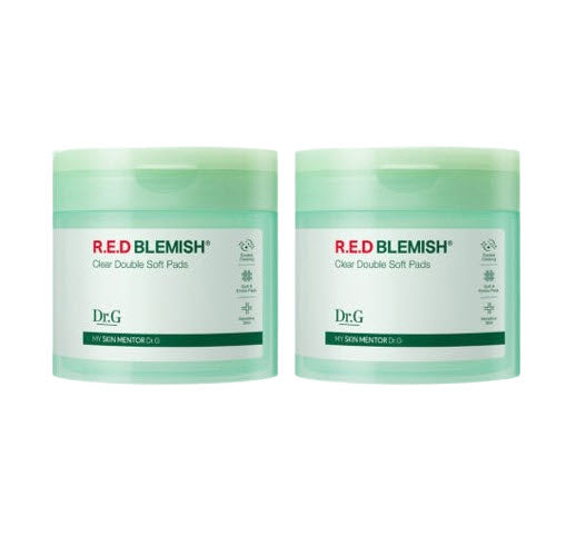 Two containers of Dr.G RED BLEMISH Clear Double Soft Pads on a white background